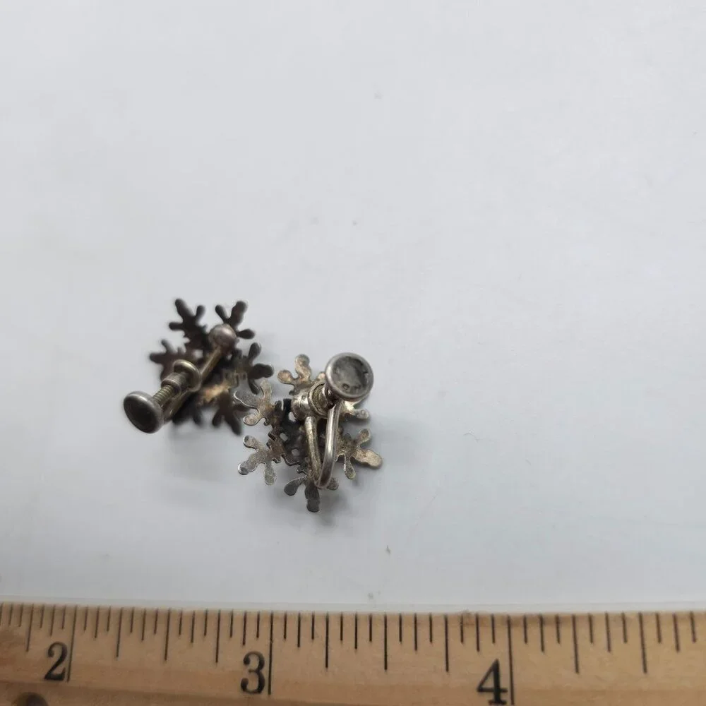 Sterling Silver Snowflake Screw-Back Earrings Vintage Winter Jewelry